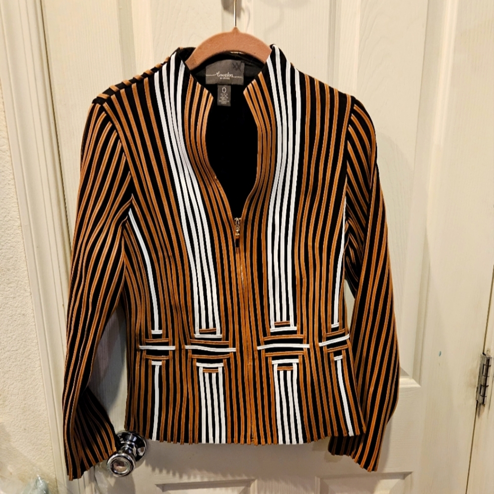 travelers by chicos faux leather striped jacket sz 0